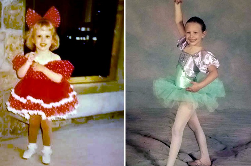 Photos of Nicole, who had surgery for hip dysplasia. In one, she is wearing a red dance costume. In another, she wears a green and silver costume.