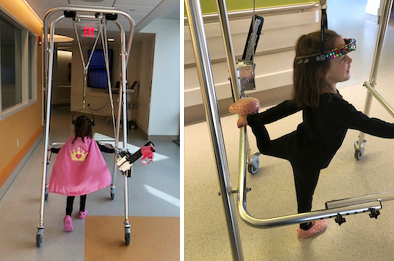 Gracie zips around the halls of Boston Children's Hospital with her walker during halo traction to correct severe kyphosis.