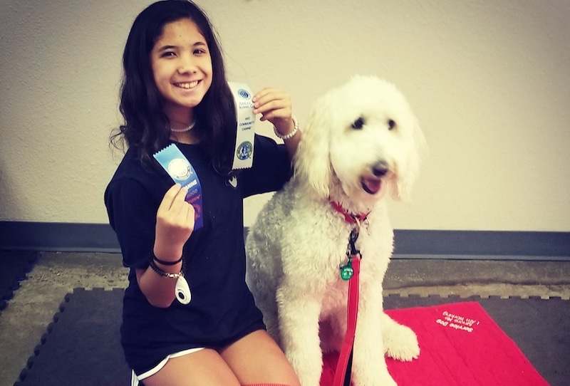 Liyana, who has epilepsy, poses with her seizure alert dog.