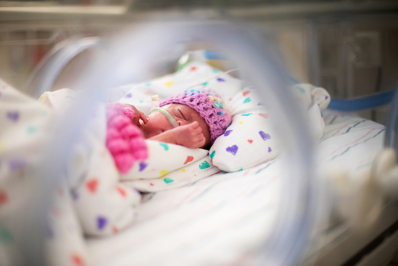 Premature baby sleeps in NICU