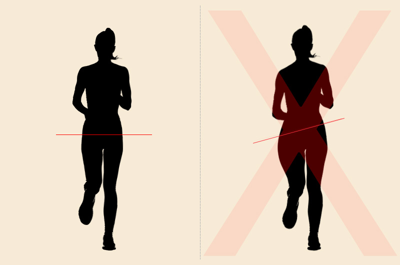 Comparison of good and bad running form: a runner with level hips and a runner dropping their hip.