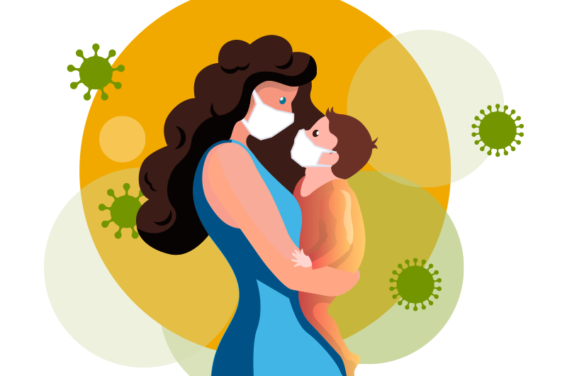 Mother holding a child, both wearing masks, when someone in the house had COVID-19.