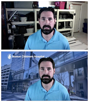 Man demonstrates how an uncluttered background makes a difference in a Zoom call.