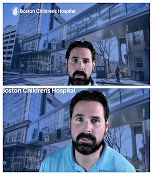 Two images stacked of man showing how to position your head at the top of the screen during a Zoom call.