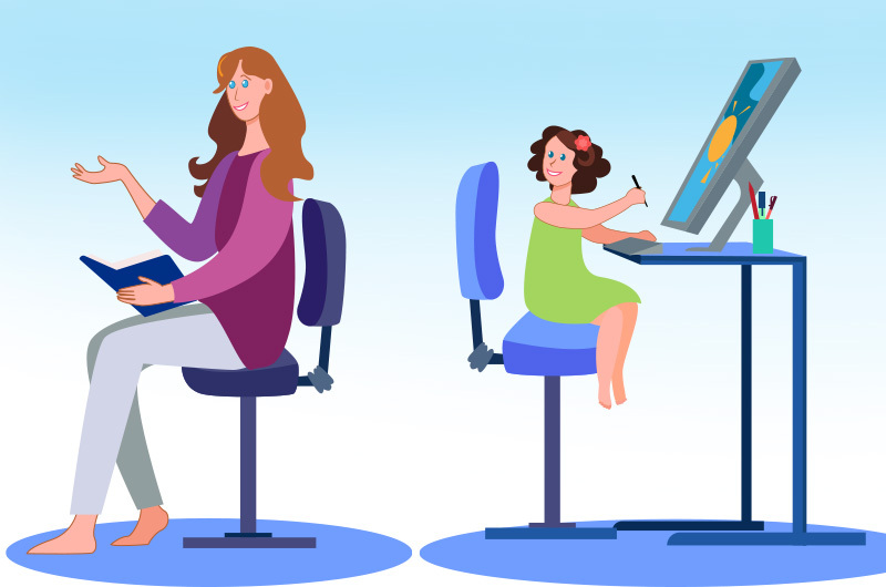 Illustration of a mom reading a book while her daughter paints.