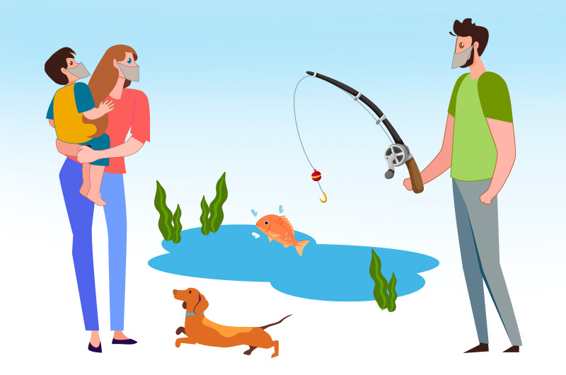 Illustration of a family fishing, all wearing masks.