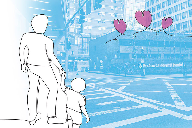 illustration of parent and child. approaching emergency department during covid outbreak