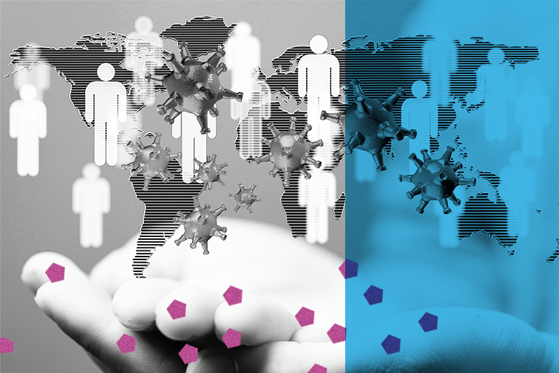 An image of a hand holding cut outs of people and coronavirus molecules