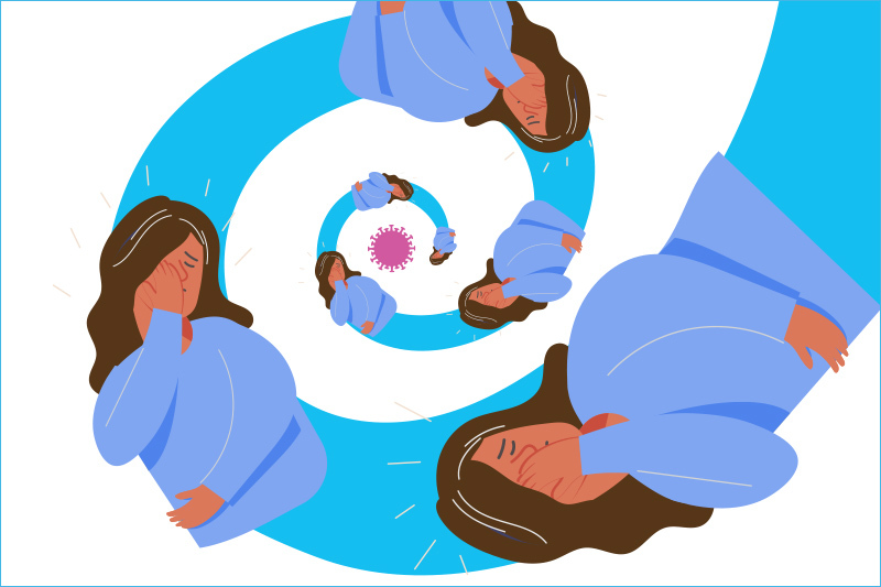 an illustration of a clinician spiraling from covid-19 burnout