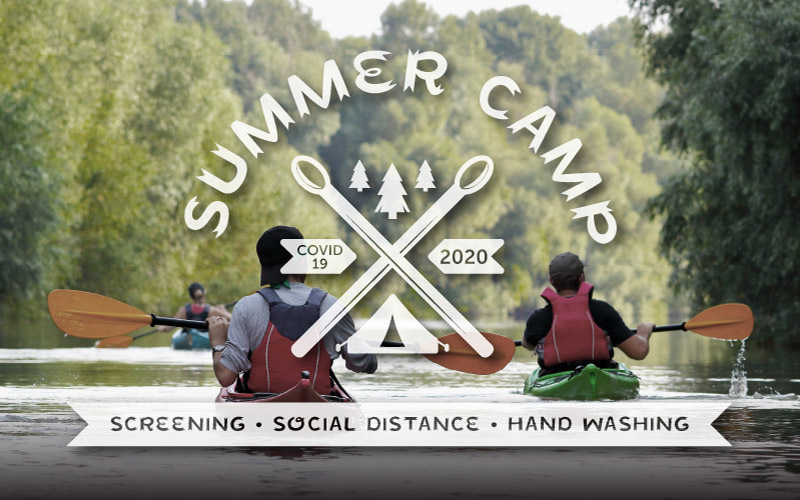 Campers rowing on lake during COVID-19 with writing saying summer camp and a drawing of oars over the image.