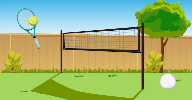 Cartoon image of volleyball net in backyard