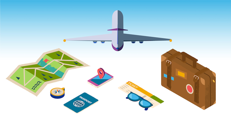 Illustrations of travel gear and an airplane