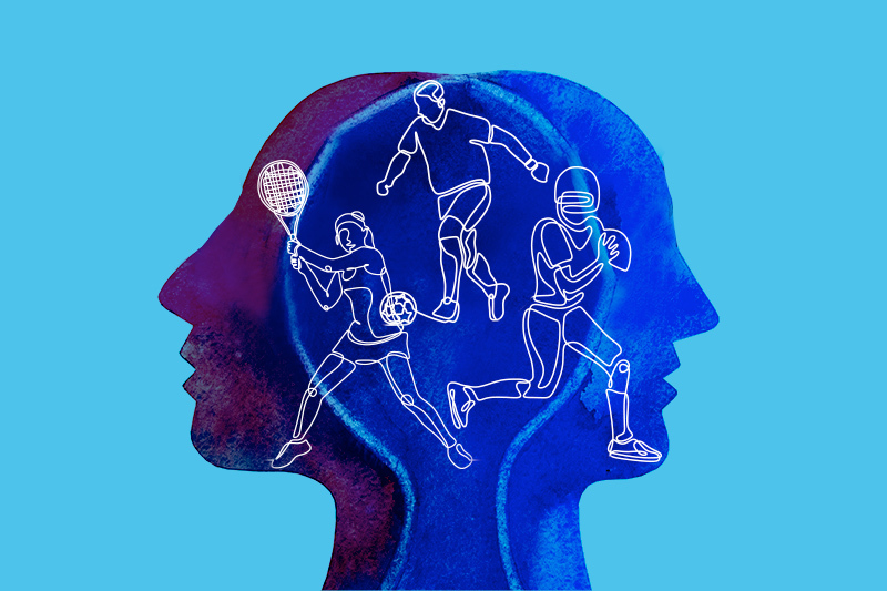 Outline of two heads with line drawings of athletes at play