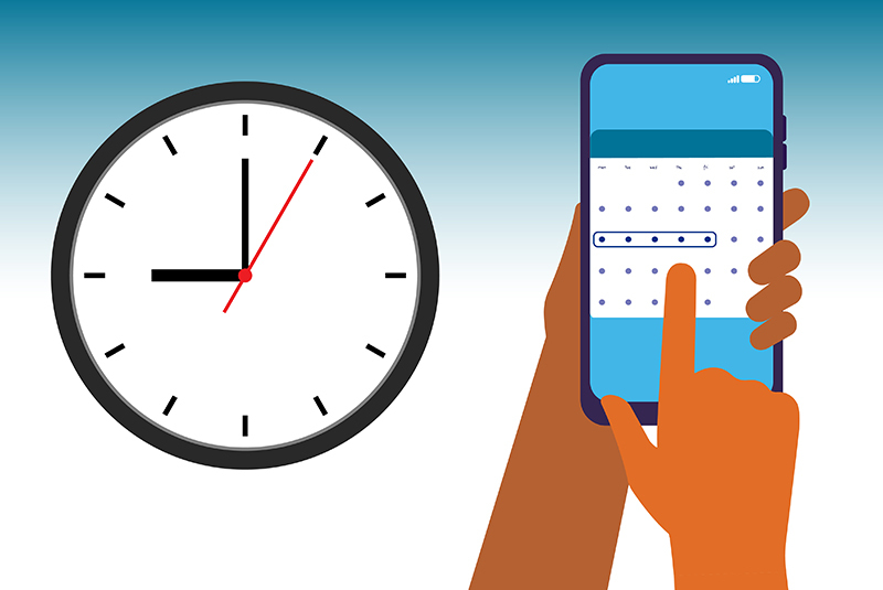 Image of a clock and a schedule on a mobile phone.