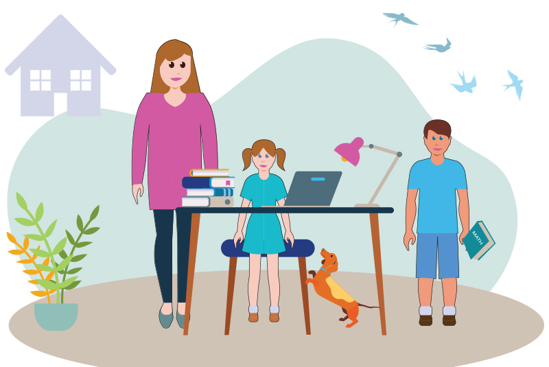 Mother with her children getting ready for a day of remote learning during COVID-19.