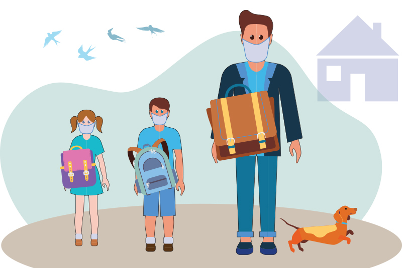 Children wearing face masks on their way to school during COVID-19. Their father is wearing a mask and holding a computer bag.