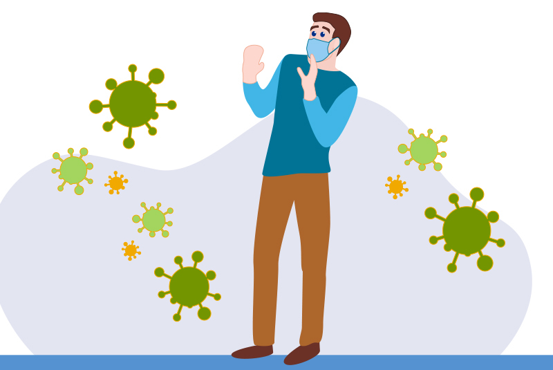 cartoon of a male character wearing a mask and surrounded by germs