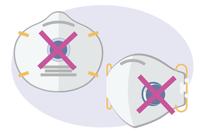 illustration of N95 mask and cloth mask with exhalation vents with large X over them.