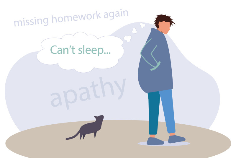 Cartoon image of boy looking down, and ignoring his cat. The words "missing homework," "can't sleep," and "apathy" are in background.